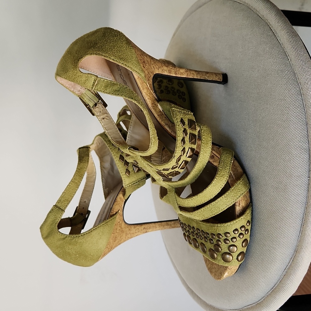 Lovely Suede Green Stilettos with Metal Stud Applique